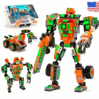 Colorful robot building kit with various configurations.