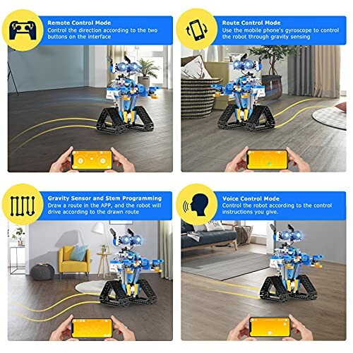 Four control modes for a robot: Remote, Route, Gravity Sensor, and Voice Control.