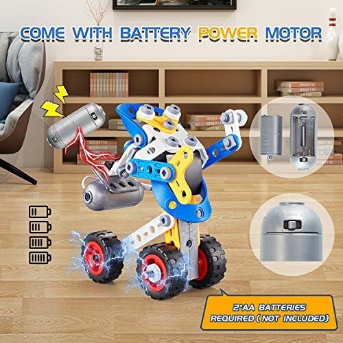 Battery-powered robot toy with motor and wheels, assembly kit, Erector Set for Boys 6-12