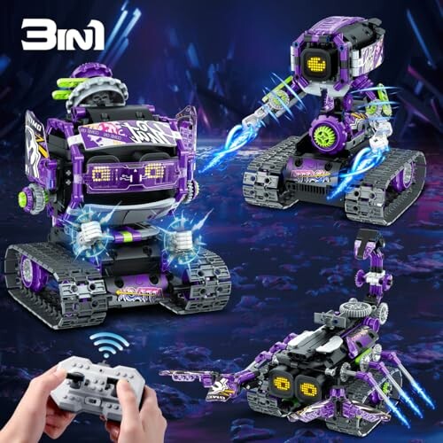 3-in-1 purple robot toy with remote control and interchangeable designs