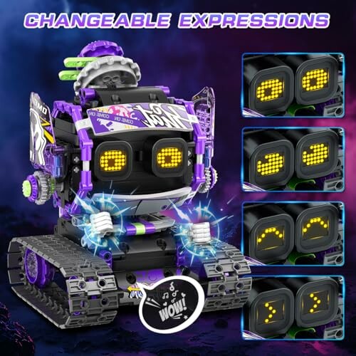 Colorful robot toy with changeable expressions and LED eyes.