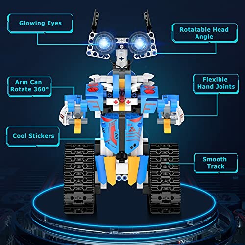 Toy robot with glowing eyes, rotatable head, flexible joints, 360-degree rotating arm, cool stickers, and smooth track.