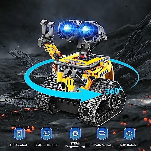 Yellow robot toy with tracks and glowing blue eyes, showcasing 360-degree rotation and control features.