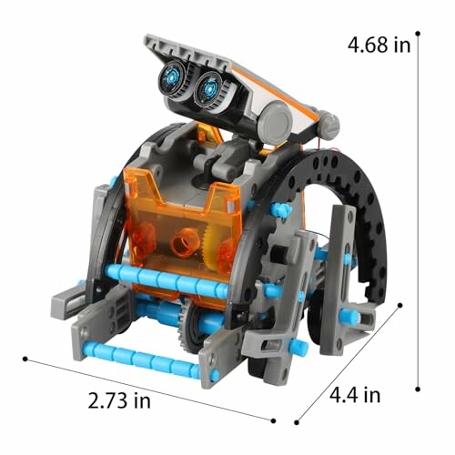 Robotic toy with dimensions 4.68 inches tall, 2.73 inches wide, 4.4 inches deep.