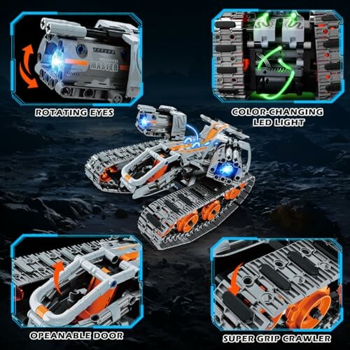 Robotic toy tank with rotating eyes, color-changing LED lights, openable door, and super grip crawler.