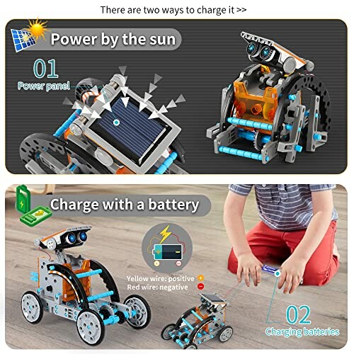 Two charging methods for robot: solar power and battery charging.