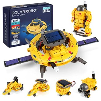 Solar robot kit with various yellow robotic configurations.