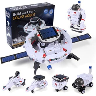 Solar robot toy kit with various robot models and box.