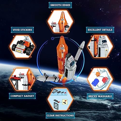 Space shuttle toy set with rocket and accessories, featuring smooth edges, vivid stickers, excellent details, compact gadget, bricks washable, and clear instructions.