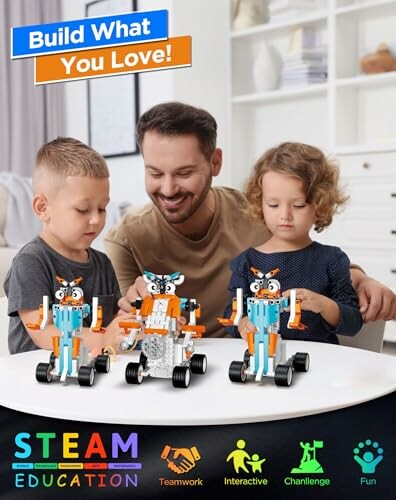 Children and adult building robots with STEAM education set