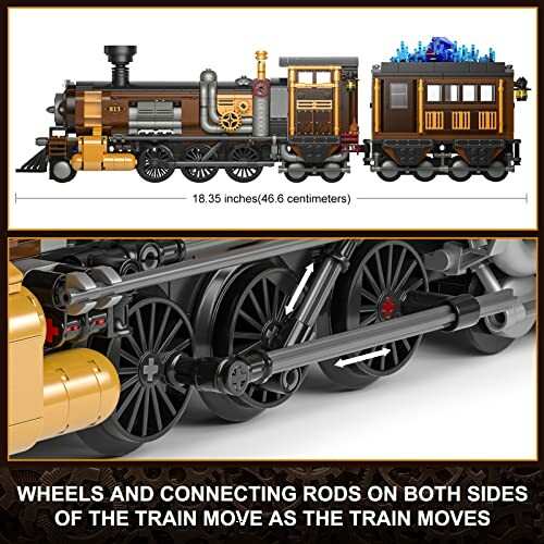 Detailed toy steam train model with moving wheels and connecting rods.