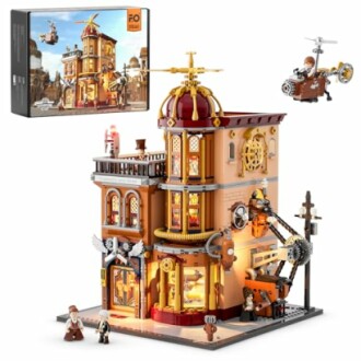 Steampunk-themed LEGO building set with characters and accessories.