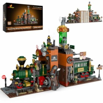 Steampunk-style building block train set with industrial design elements.