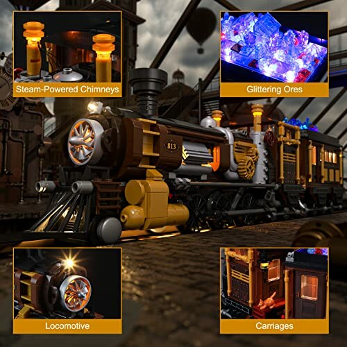 Steampunk train set with steam-powered chimneys and carriages.