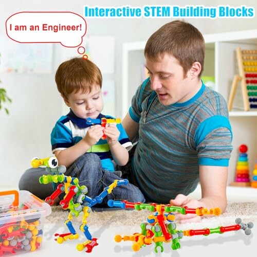 Child and adult playing with interactive STEM building blocks.