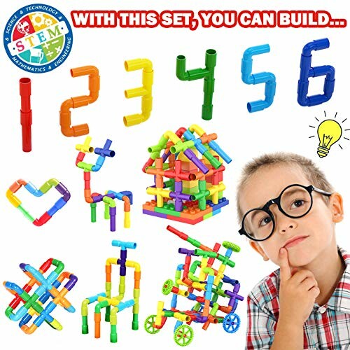 Child with STEM building set featuring numbers and structures.