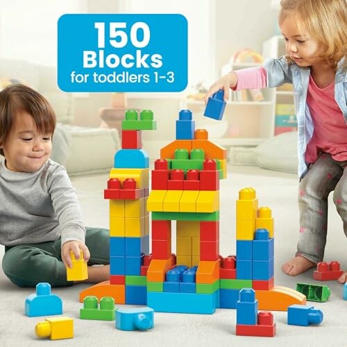 Two toddlers playing with colorful building blocks.