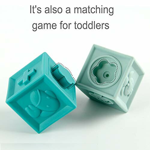 Two teal matching game blocks for toddlers with embossed shapes.