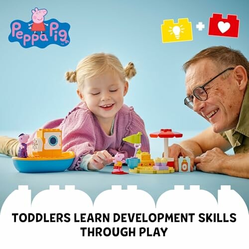 Child and adult playing with Peppa Pig toys, promoting development through play.