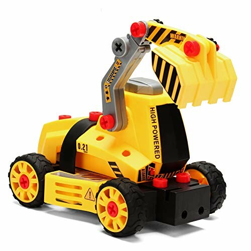 Yellow toy construction excavator with black and red details.