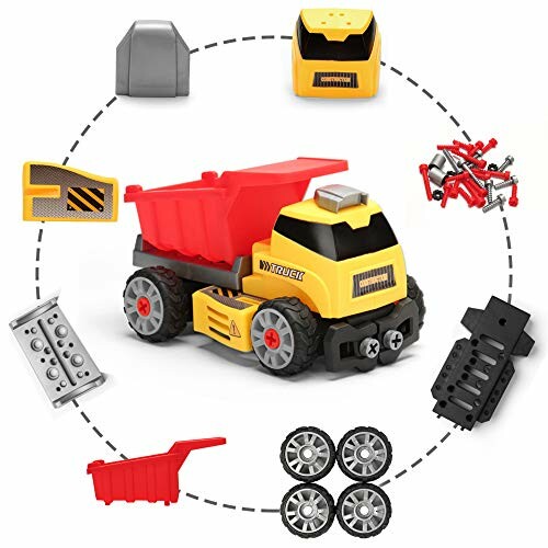 Toy construction truck with interchangeable parts and accessories.