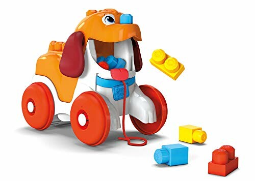 Toy dog on wheels with colorful building blocks.