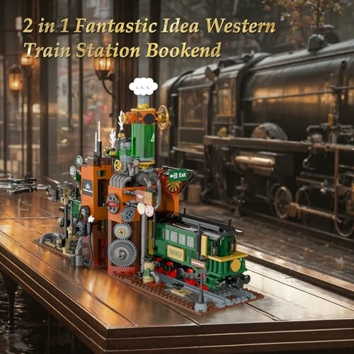 2 in 1 Fantastic Idea Western Train Station Bookend on a wooden table with a steam train in the background.