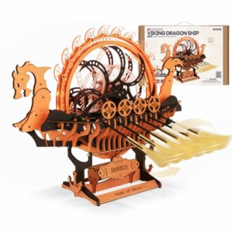 Viking dragon ship mechanical model with box.