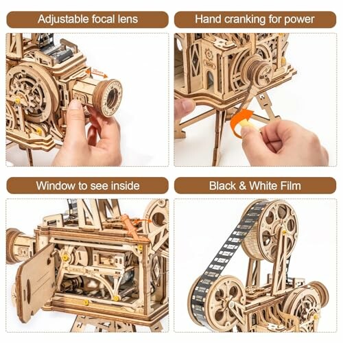 Wooden vintage camera model with adjustable lens, hand crank, interior view, and film strip.