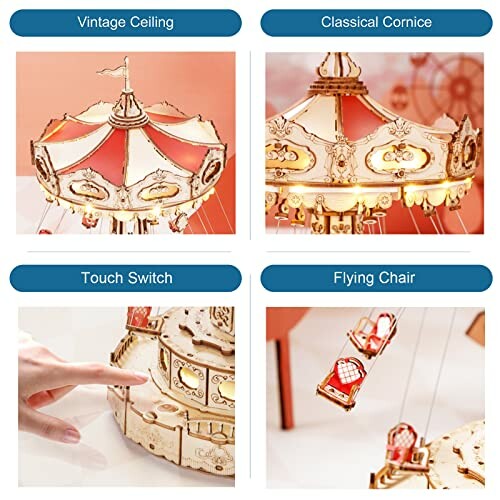 Detailed view of a vintage ceiling, classical cornice, touch switch, and flying chair on a carousel model.