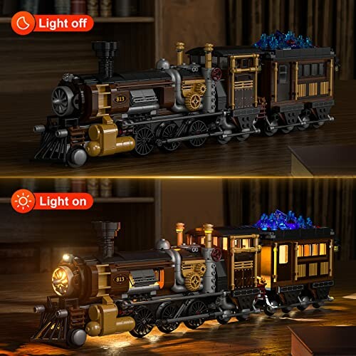 Vintage train building set with lights on and off.