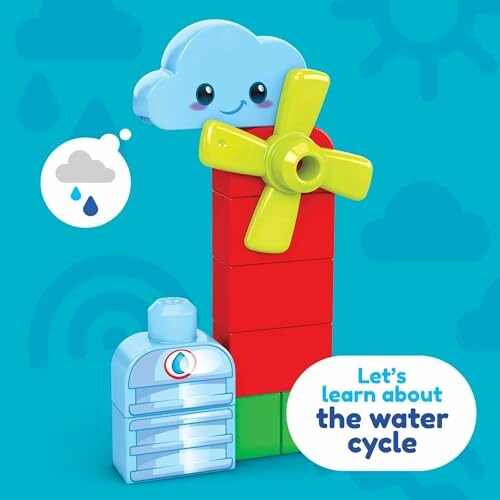 Colorful toy blocks depicting the water cycle with a cloud, windmill, and water container.