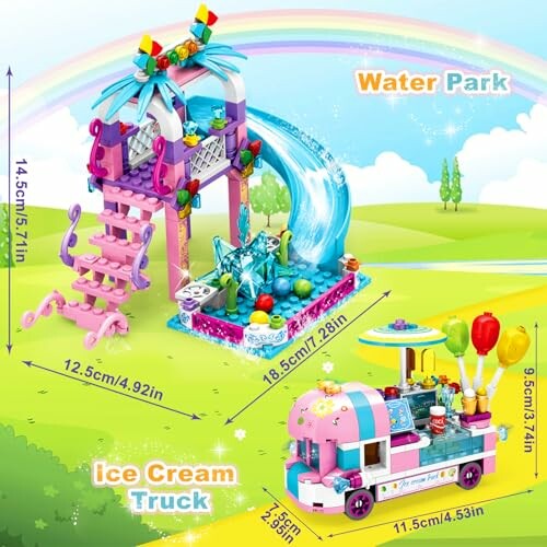 Colorful toy set featuring a water park slide and ice cream truck with balloons.