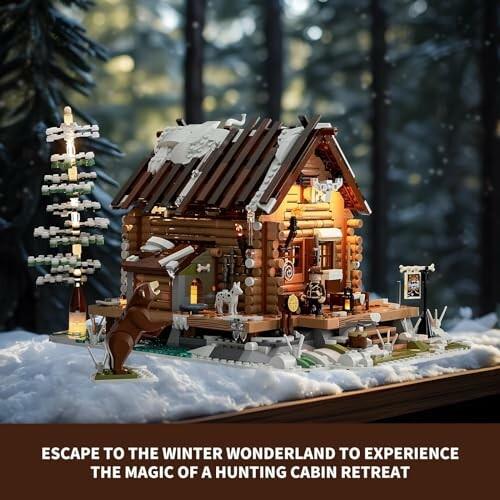 Lego winter cabin in snowy forest