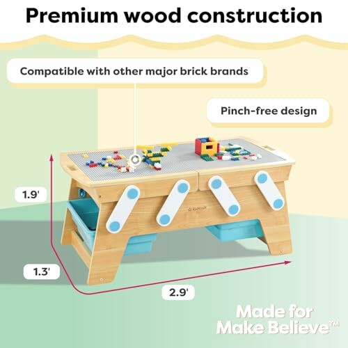 Wooden play table with brick compatibility and pinch-free design.