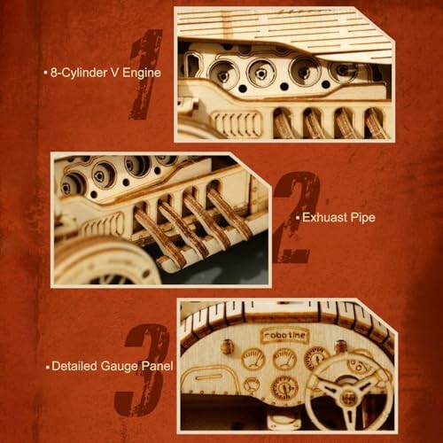 Wooden model car parts showing engine, exhaust, and gauge panel.