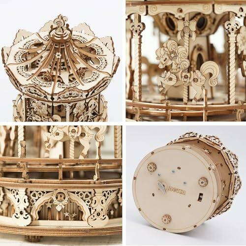 Intricate wooden carousel model with gears and details.