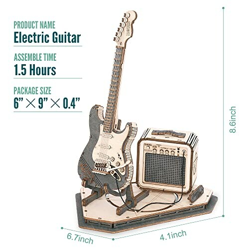 Wooden model of an electric guitar with an amplifier, dimensions and assembly time shown.