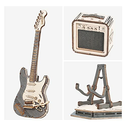 Wooden model kit of a guitar, amplifier, and stand.