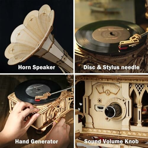 Wooden mechanical gramophone with horn speaker, disc and stylus needle, hand generator, and sound volume knob.