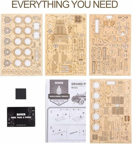 Contents of a wooden model kit with parts and instructions.