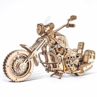 Intricate wooden motorcycle model with detailed features.