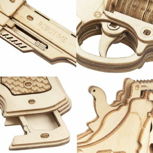 Close-up of wooden puzzle gun parts and details.