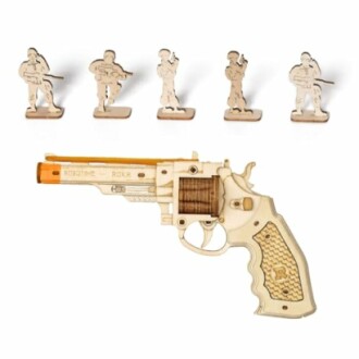 Wooden puzzle gun with five soldier figures