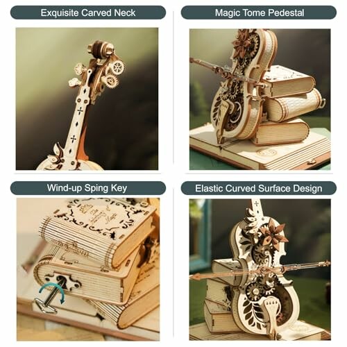 Wooden puzzle model with carved neck, magic tome pedestal, wind-up spring key, and elastic curved surface design.