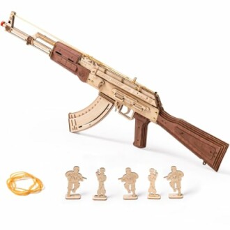 Wooden rubber band rifle toy with soldier targets.