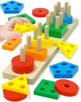 Colorful wooden shape sorting toy with various geometric pieces and stacking pegs.