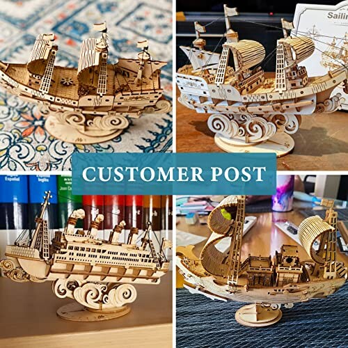 Four wooden ship models displayed on stands.