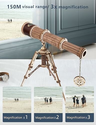 Wooden telescope on tripod with beach view and magnification levels.