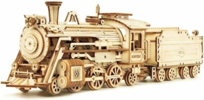 Intricate wooden train model with detailed design.